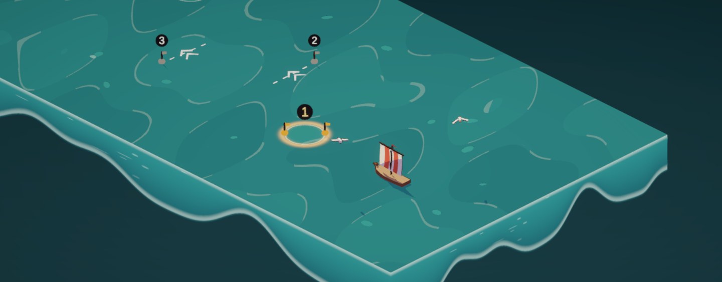 Een zeilboot vaart tussen genummerde poorten op een groene zee; de eerste poort licht warm op