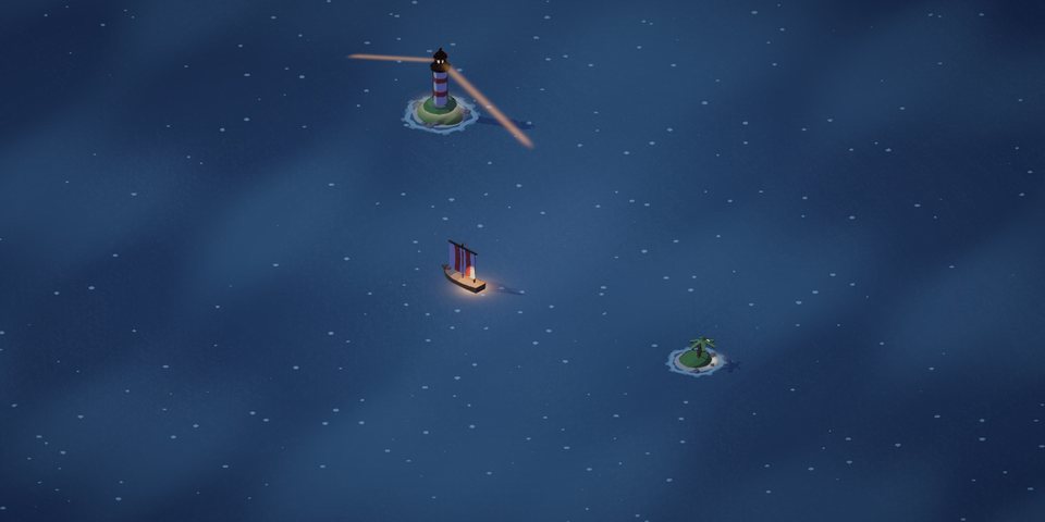 The open sea at night: the boat's lantern glows on dark water, a lighthouse sweeps its beam nearby